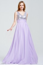 Lilac Sleeveless V-Neck Silver Sequin Bodice Chiffon Prom/Evening Dress