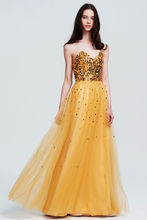 Golden Strapless Sweetheart Sequin Tulle Prom/Evening Gown