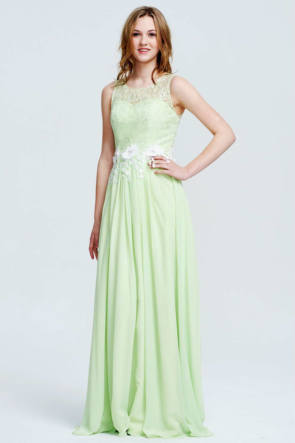 Lace and Chiffon A-Line Bridesmaid Dress with Floral Waist Appliques