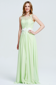 Green Lace and Chiffon A-Line Bridesmaid Dress with Floral Waist Appliques