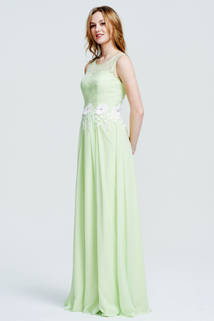 Green Lace and Chiffon A-Line Bridesmaid Dress with Floral Waist Appliques