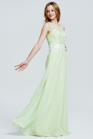 Green Lace and Chiffon A-Line Bridesmaid Dress with Floral Waist Appliques