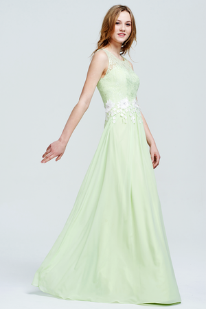Green Lace and Chiffon A-Line Bridesmaid Dress with Floral Waist Appliques