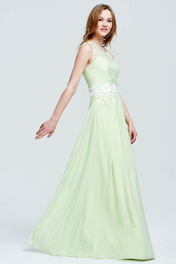 Green Lace and Chiffon A-Line Bridesmaid Dress with Floral Waist Appliques