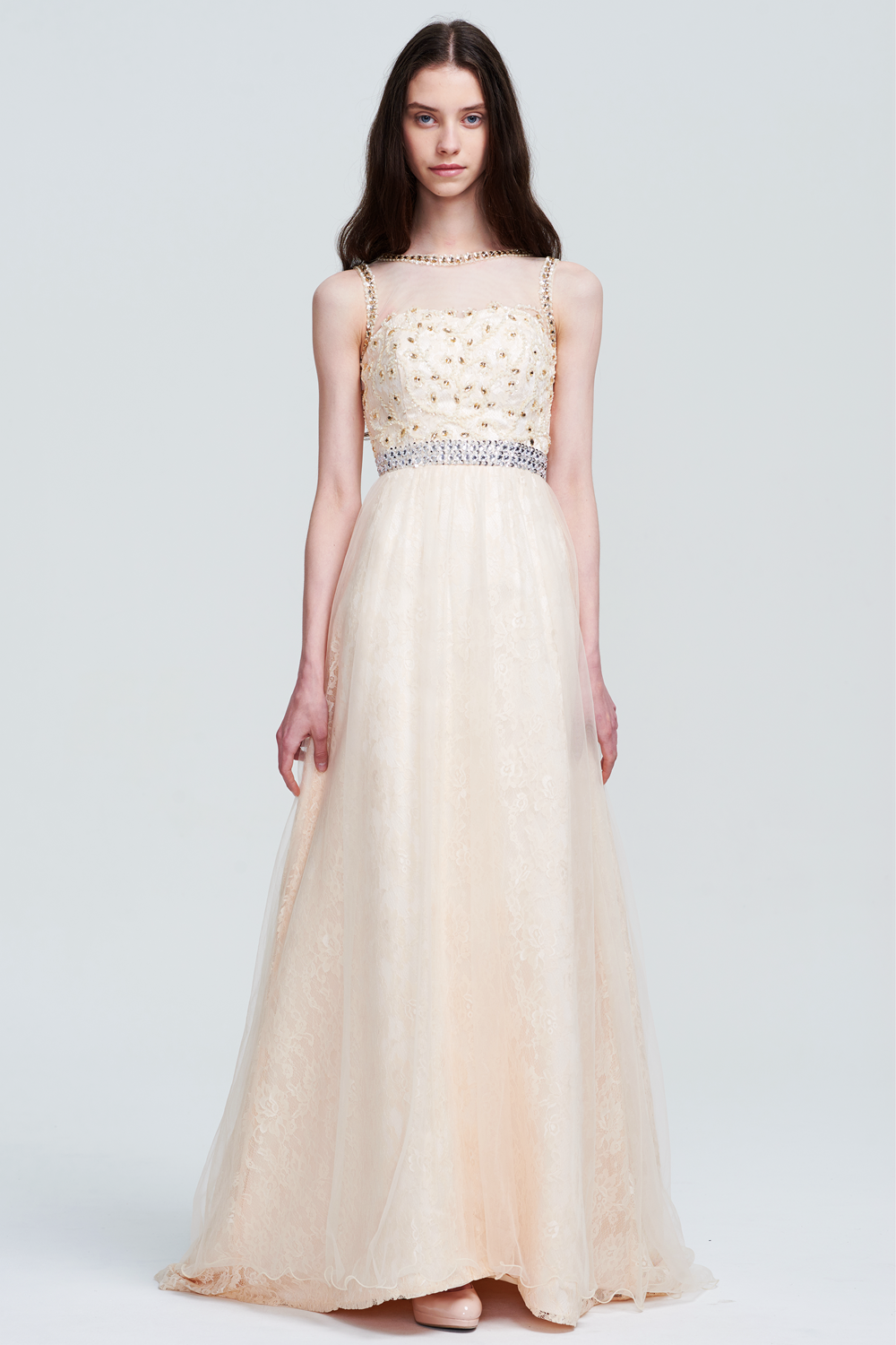 Ivory Sleeveless Beaded Prom Dress - Tulle Maxi Gown