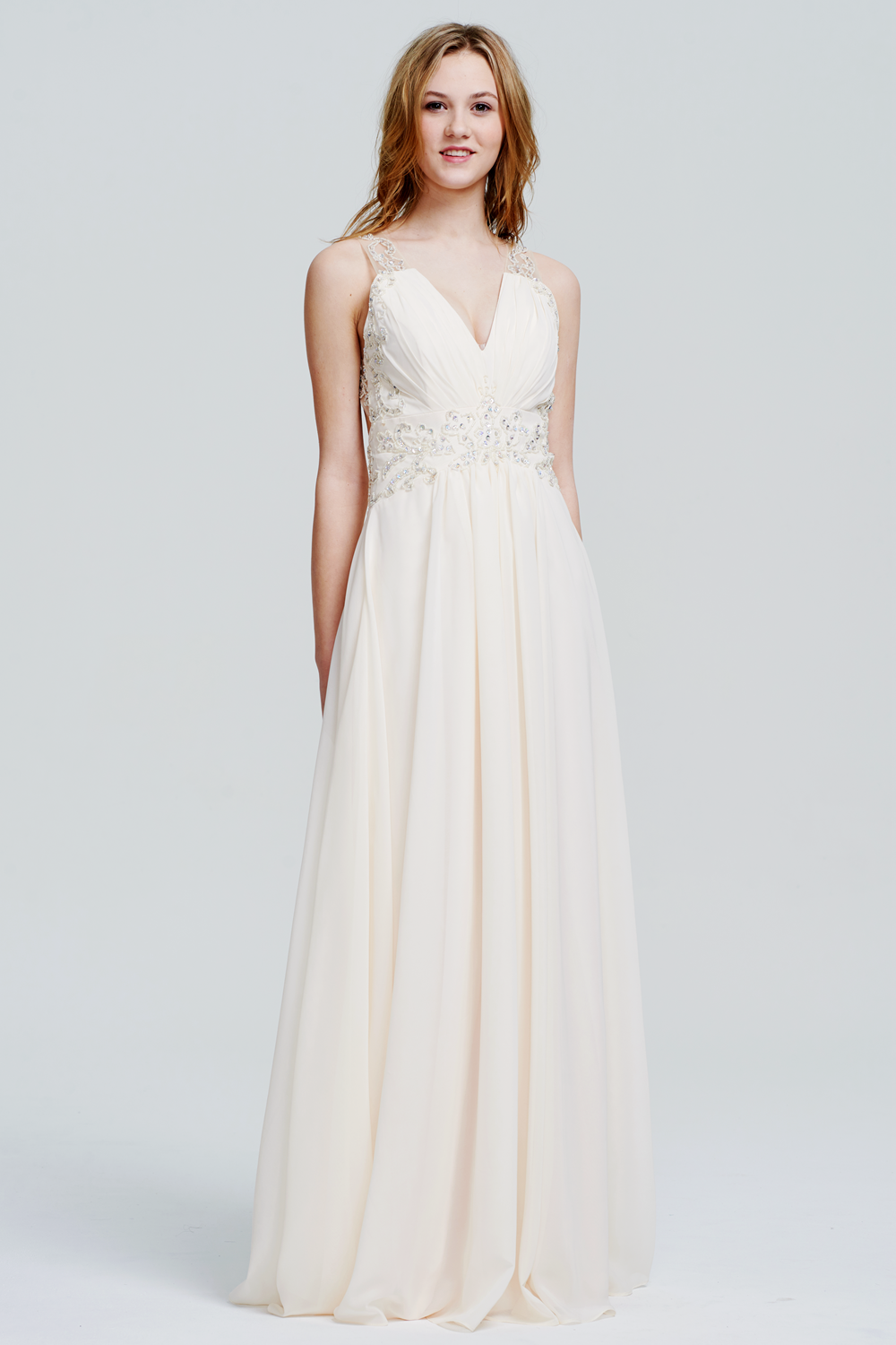 Ivory V-Neck Beaded Chiffon Maxi Gown Bridesmaid Dress Main image