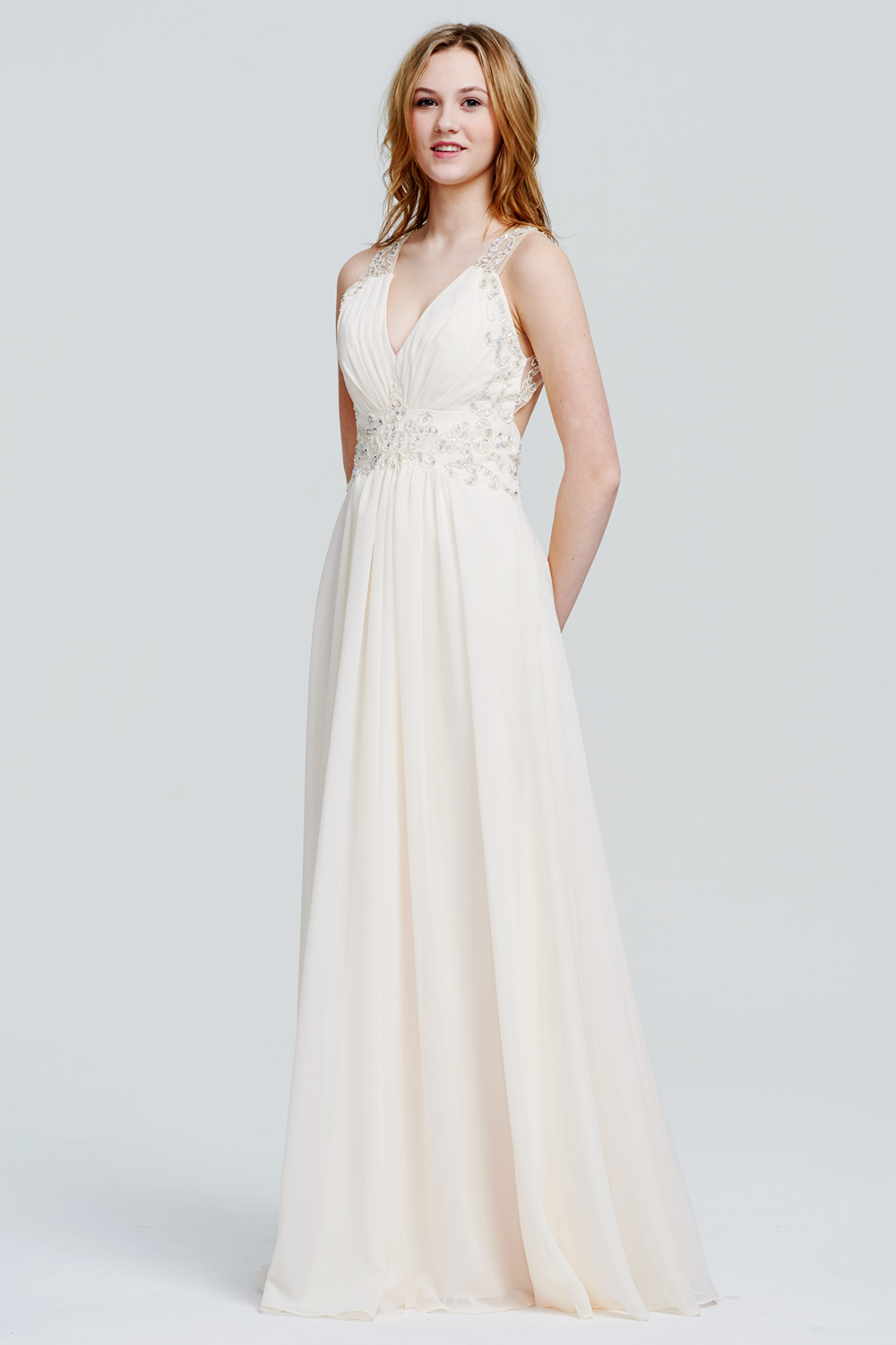 Ivory V-Neck Beaded Chiffon Maxi Gown Bridesmaid Dress