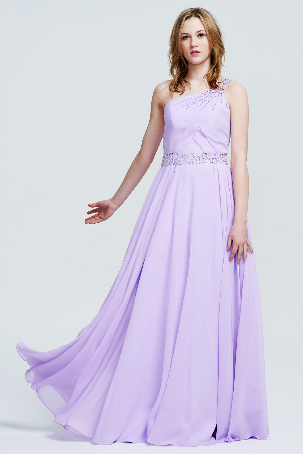 Lilac One-Shoulder Beaded Floor-Length Chiffon Prom Dress