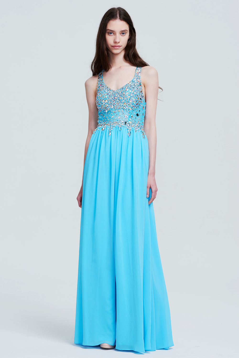 Sleeveless V-Neckline Sequin Lace Appliques Prom Dress Chiffon Maxi Gown