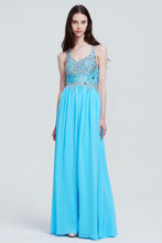 Sleeveless V-Neckline Sequin Lace Appliques Prom Dress Chiffon Maxi Gown