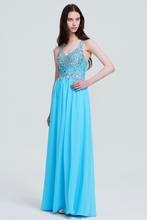 Sleeveless V-Neckline Sequin Lace Appliques Prom Dress Chiffon Maxi Gown