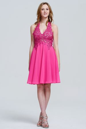 Fuchsia Open-Back Lace and Chiffon Halter A-Line Short Cocktail Dress