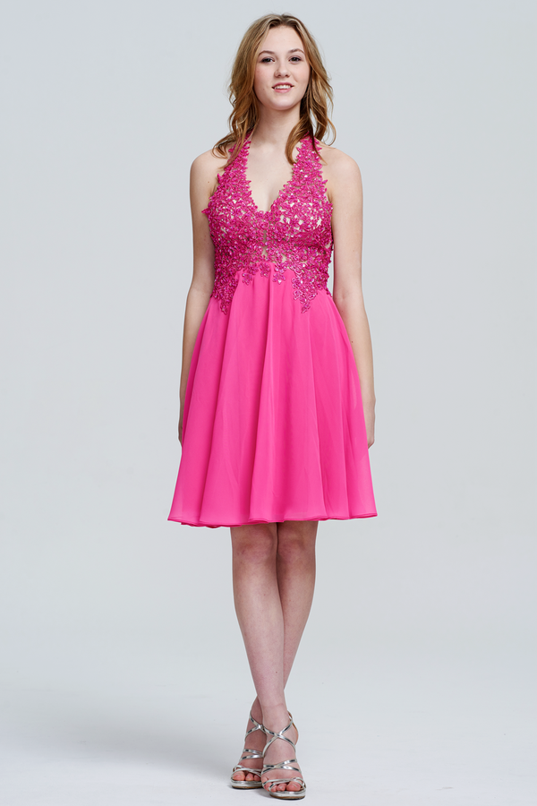 Fuchsia Open-Back Lace and Chiffon Halter A-Line Short Cocktail Dress