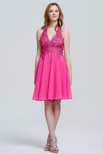 Fuchsia Halter Neck Lace Sequin Cocktail Dress Chiffon Short Gown