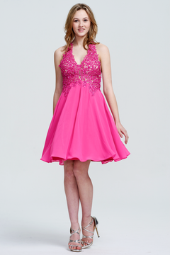 Fuchsia Open-Back Lace and Chiffon Halter A-Line Short Cocktail Dress