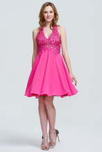 Fuchsia Halter Neck Lace Sequin Cocktail Dress Chiffon Short Gown