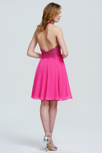 Fuchsia Halter Neck Lace Sequin Cocktail Dress Chiffon Short Gown