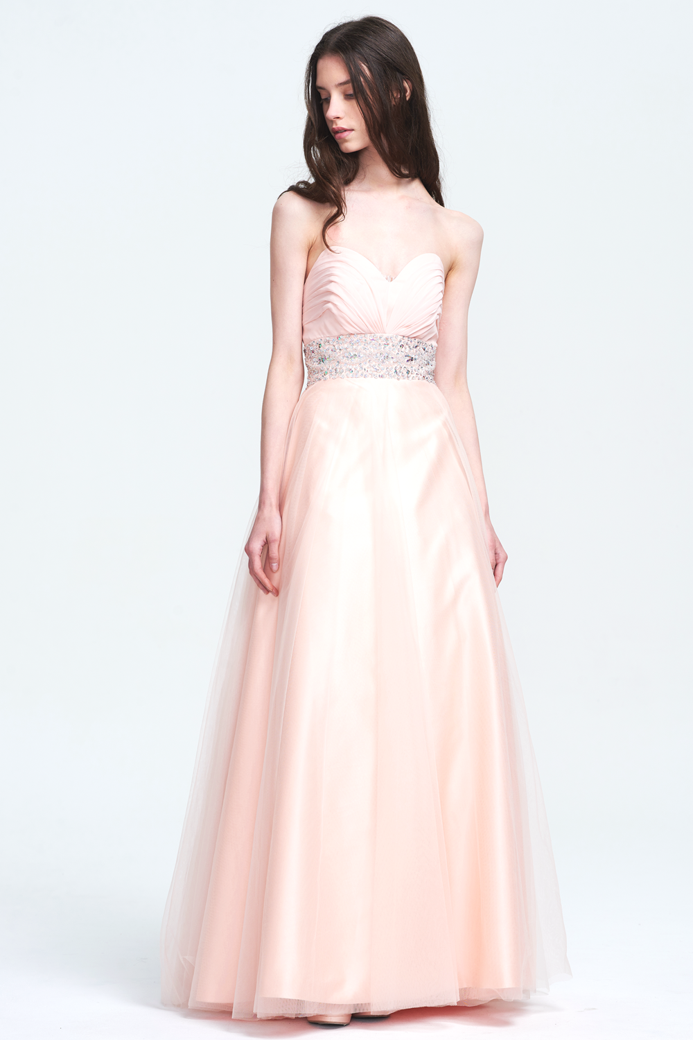 Pearl Pink Sweetheart Strapless Beaded Tulle and Satin Prom Dress
