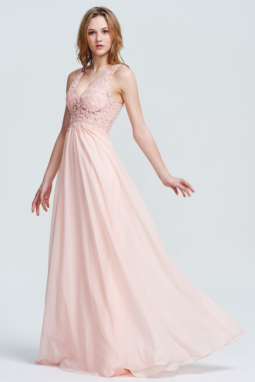 V-Neck Lace Appliques Zipper Back Prom Dress Chiffon Gown