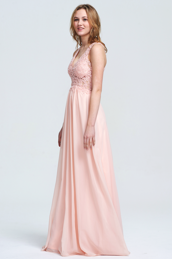 Pearl Pink Illusion-Back Lace and Chiffon A-Line Bridesmaid Dress