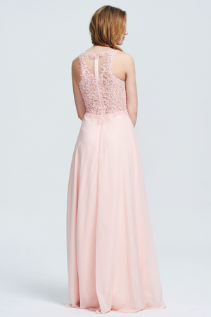 Pearl Pink Illusion-Back Lace and Chiffon A-Line Bridesmaid Dress