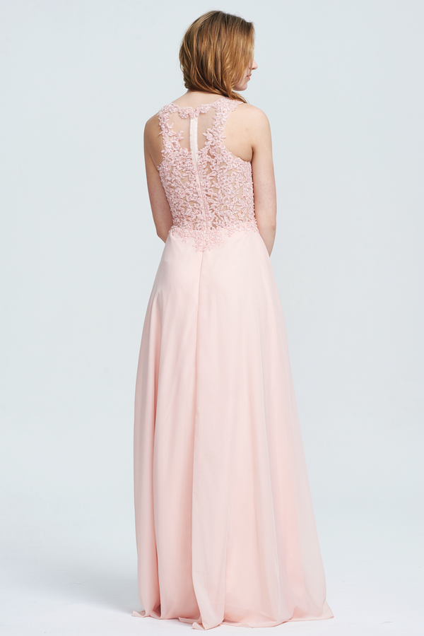 Pearl Pink Illusion-Back Lace and Chiffon A-Line Bridesmaid Dress