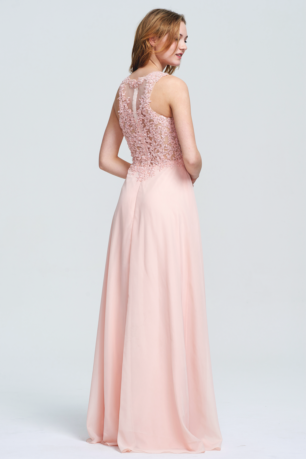 Illusion-Back Lace and Chiffon A-Line Bridesmaid Dress