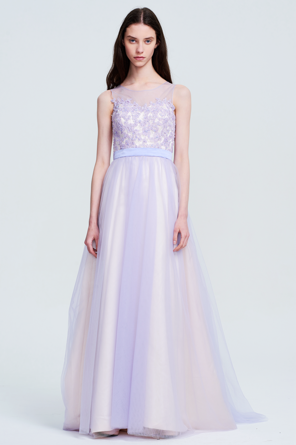 Lace-Applique Tulle A-Line Prom Dress with Illusion Neckline