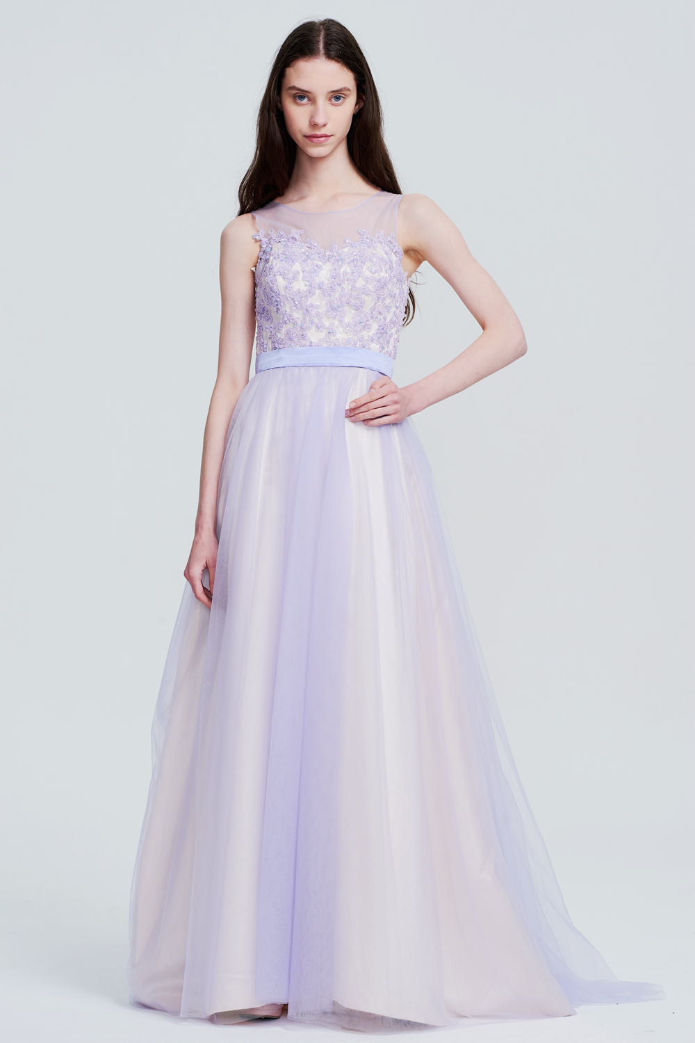 Lace-Applique Tulle A-Line Prom Dress with Illusion Neckline