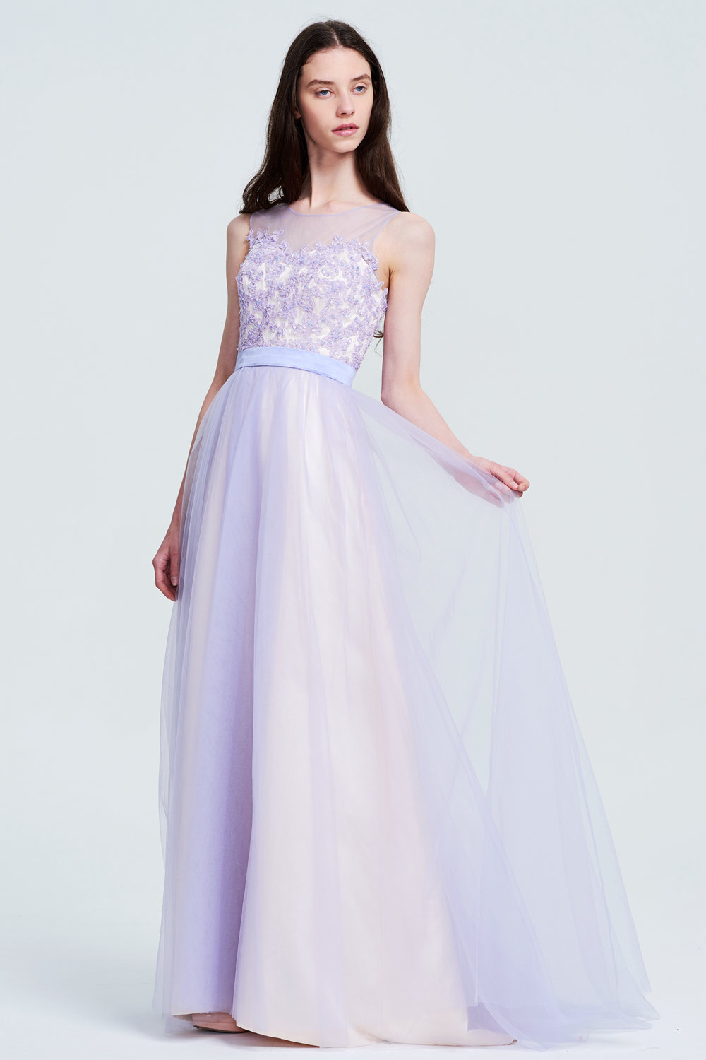 Lace-Applique Tulle A-Line Prom Dress with Illusion Neckline