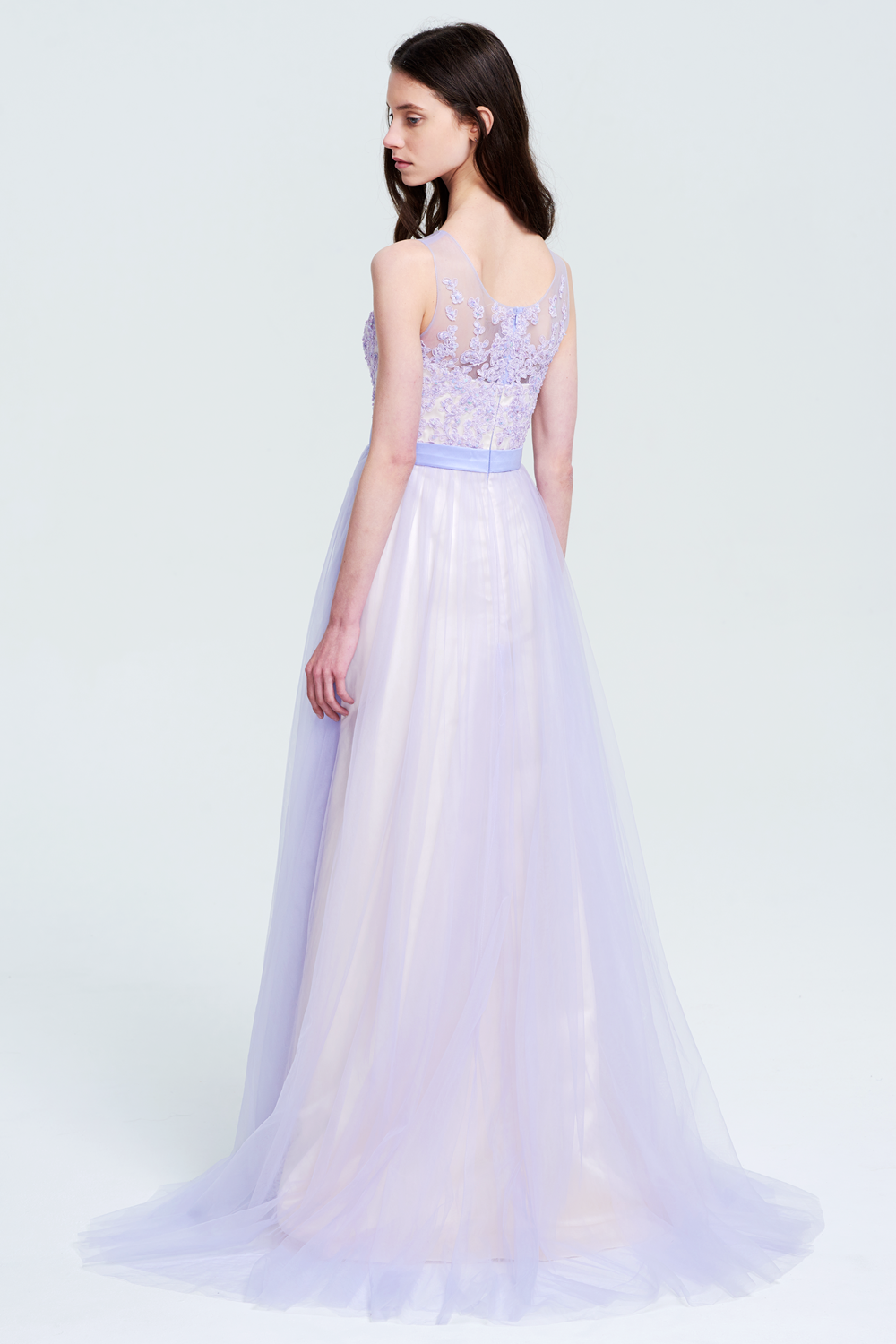 Lace-Applique Tulle A-Line Prom Dress with Illusion Neckline