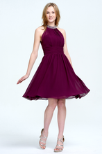 Burgundy Halter Neck Knee-Length Beaded Chiffon Cocktail Dress