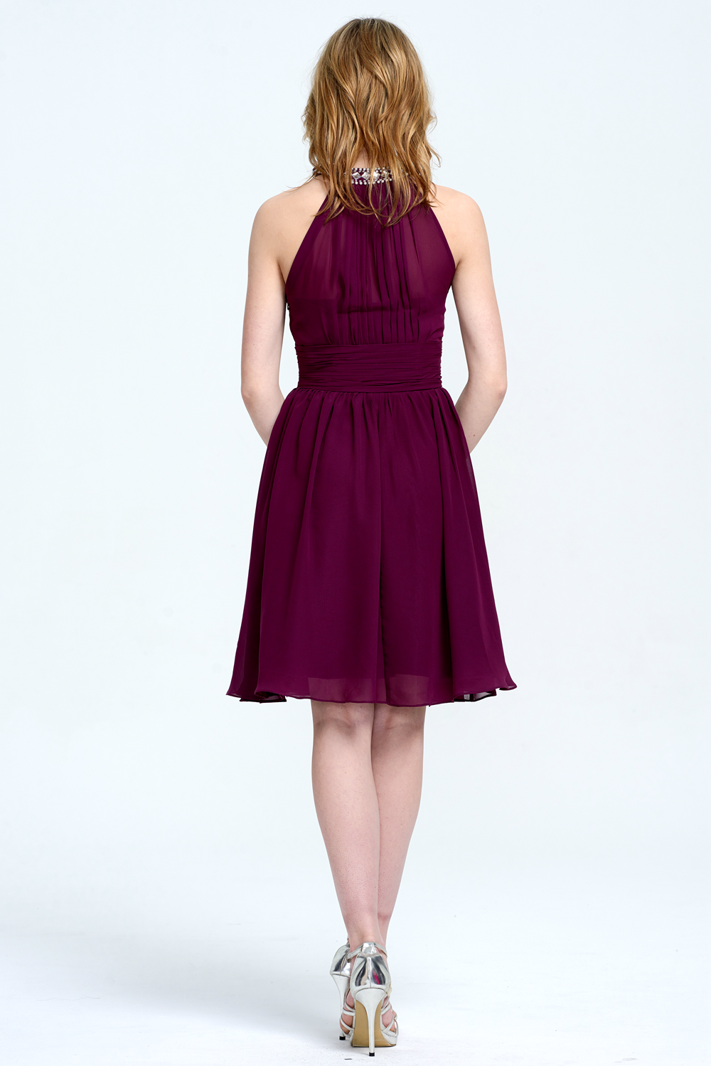 Burgundy Halter Neck Knee-Length Beaded Chiffon Cocktail Dress – Angrila