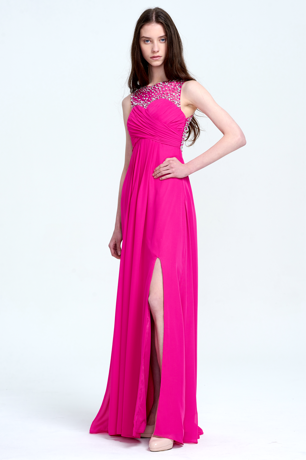 Illusion-Neck Chiffon Empire-Waist Prom Dress with High Slit