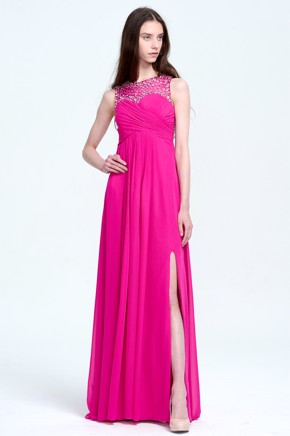 Illusion-Neck Chiffon Empire-Waist Prom Dress with High Slit