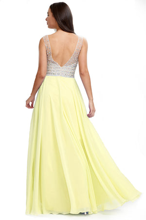 Ivory-Lemon Sorbet Low-Back Beaded V-Neck Chiffon A-Line Prom Dress