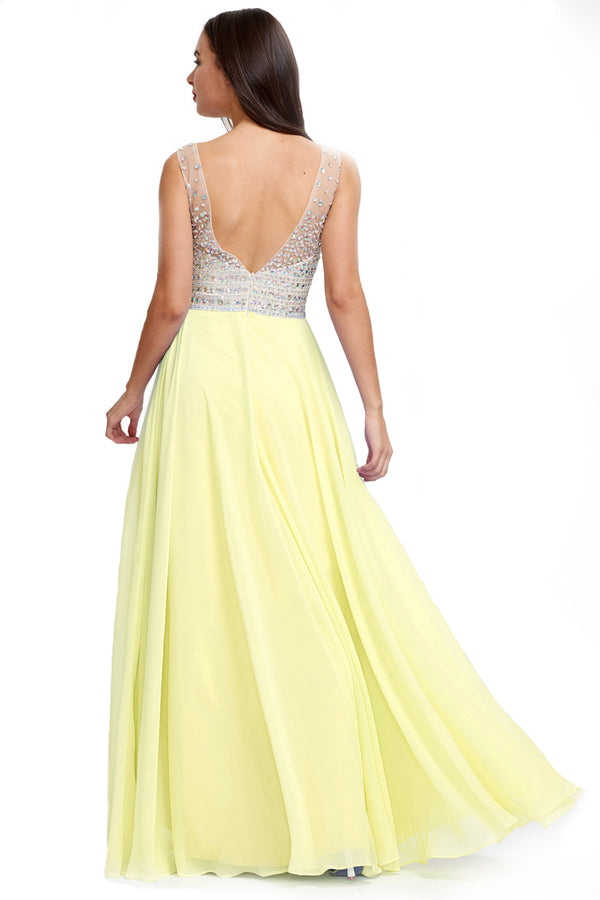 Ivory-Lemon Sorbet Low-Back Beaded V-Neck Chiffon A-Line Prom Dress