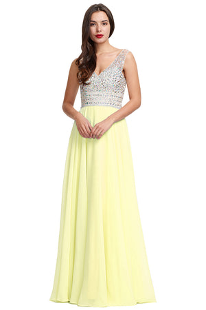 Ivory-Lemon Sorbet Low-Back Beaded V-Neck Chiffon A-Line Prom Dress