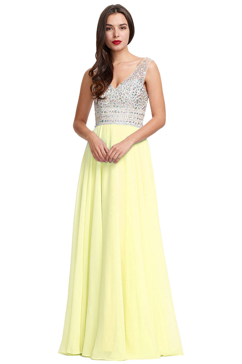 Ivory-Lemon Sorbet Low-Back Beaded V-Neck Chiffon A-Line Prom Dress