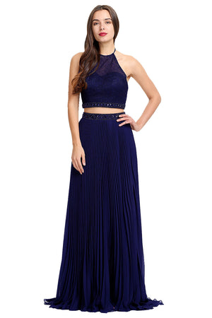 Navy Open-Back Two-Piece Pleated Chiffon A-Line Prom Dress