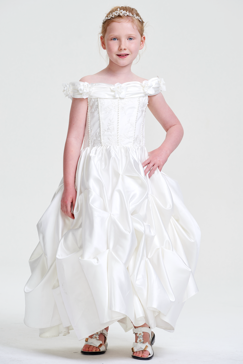 Off-the-Shoulder Satin A-Line Flower Girl Dress with Pick-Up Skirt