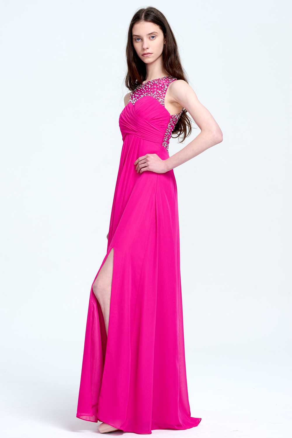 Illusion-Neck Chiffon Empire-Waist Prom Dress with High Slit