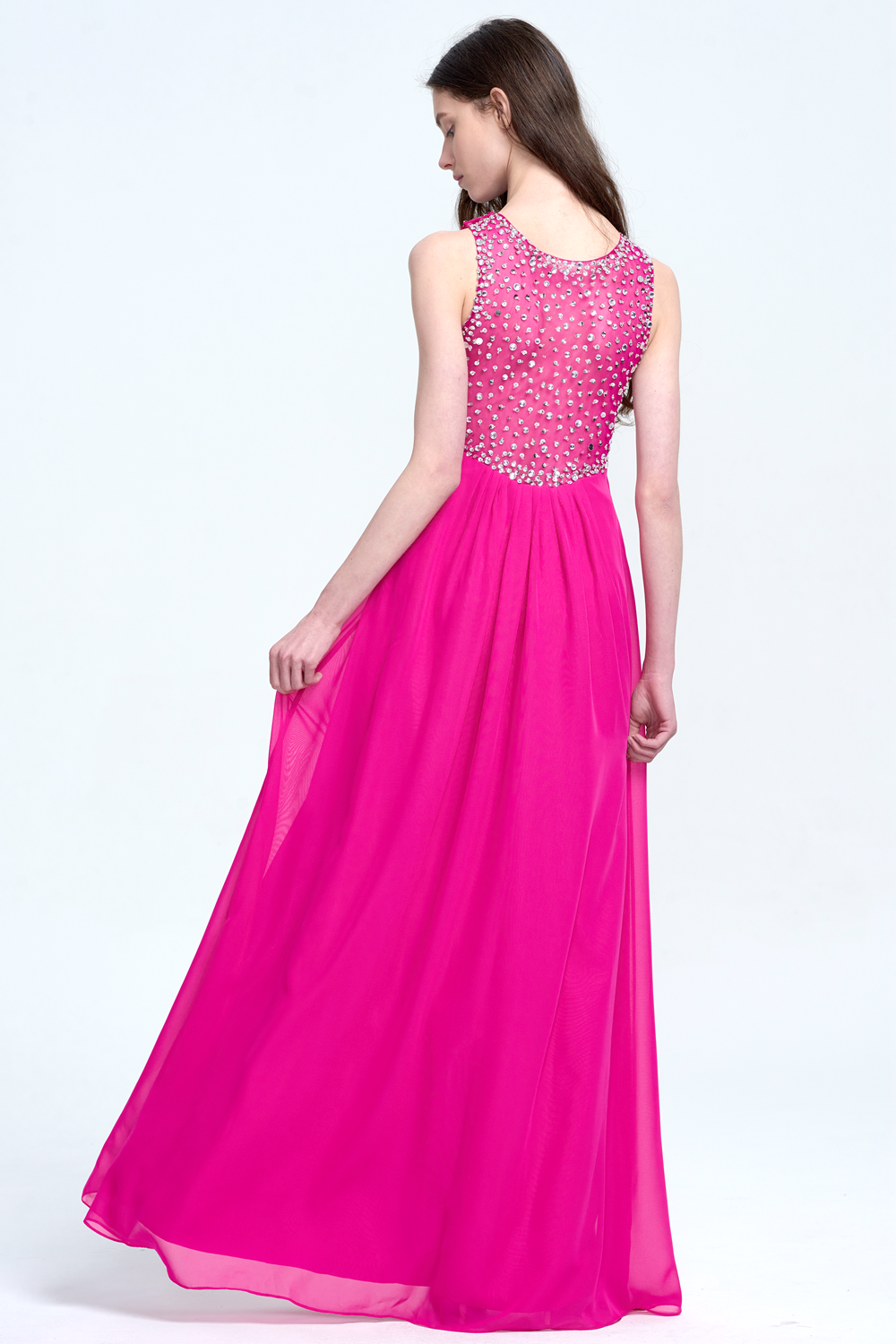 Illusion-Neck Chiffon Empire-Waist Prom Dress with High Slit