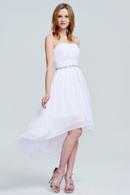 White Strapless Pleated High-Low Chiffon Homecoming Dress with Beaded