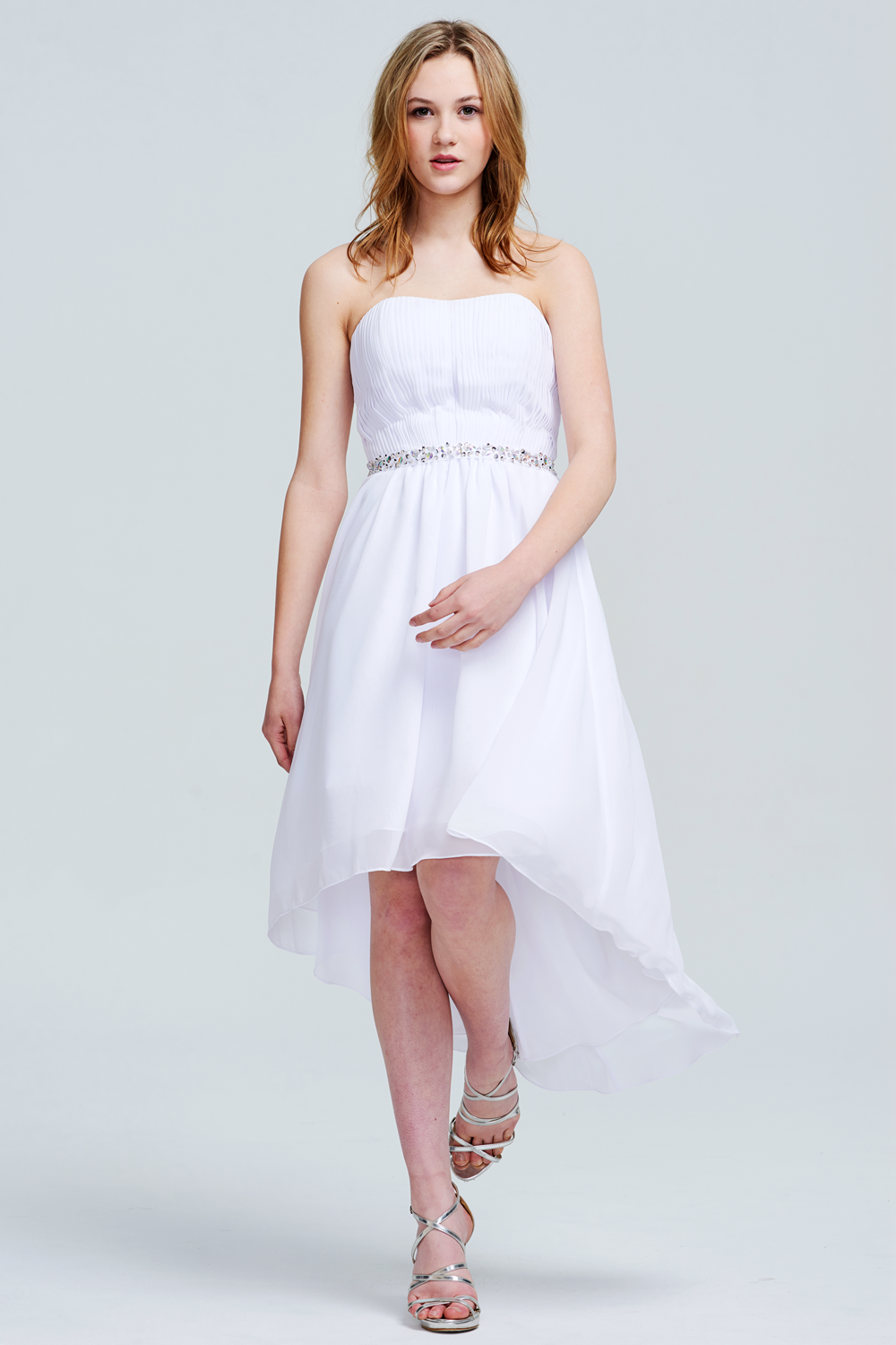 White Strapless Pleated High-Low Chiffon Homecoming Dress with Beaded