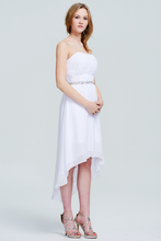 White Strapless Pleated High-Low Chiffon Homecoming Dress with Beaded