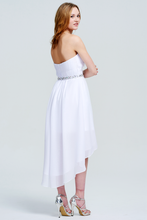 White Strapless Pleated High-Low Chiffon Homecoming Dress with Beaded