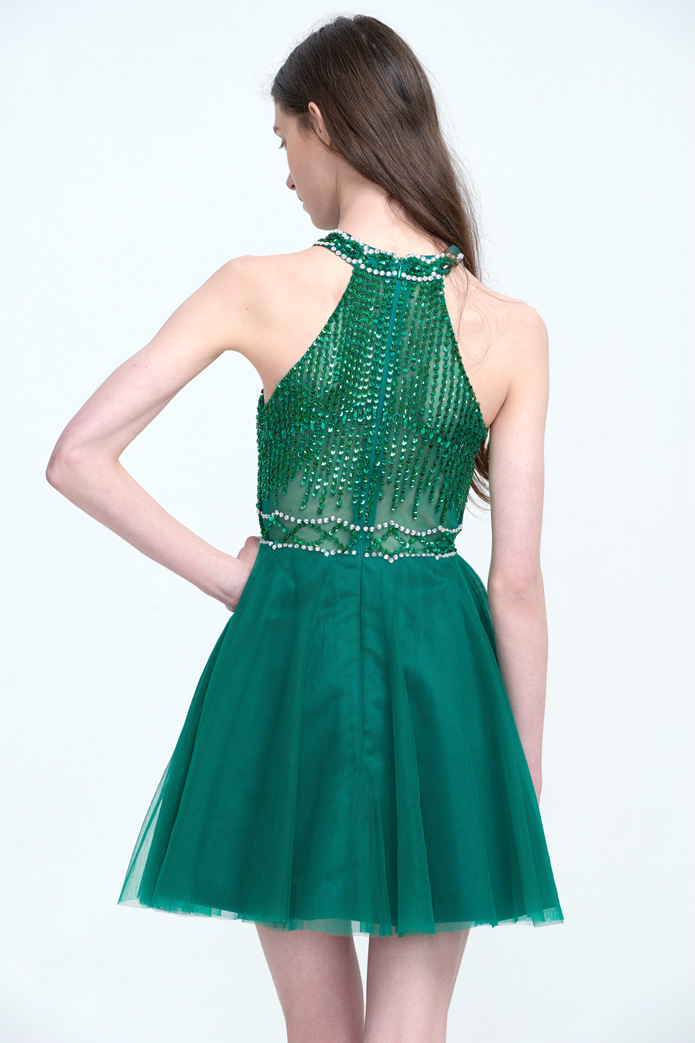 Keyhole Halter Tulle A-Line Cocktail Dress with Illusion Waist
