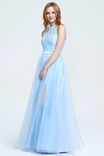 Sky Blue Halter Lace Bodice Sheer Floor-Length Tulle Evening Dress