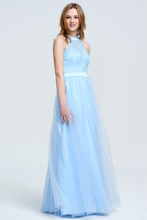 Sky Blue Halter Lace Bodice Sheer Floor-Length Tulle Evening Dress
